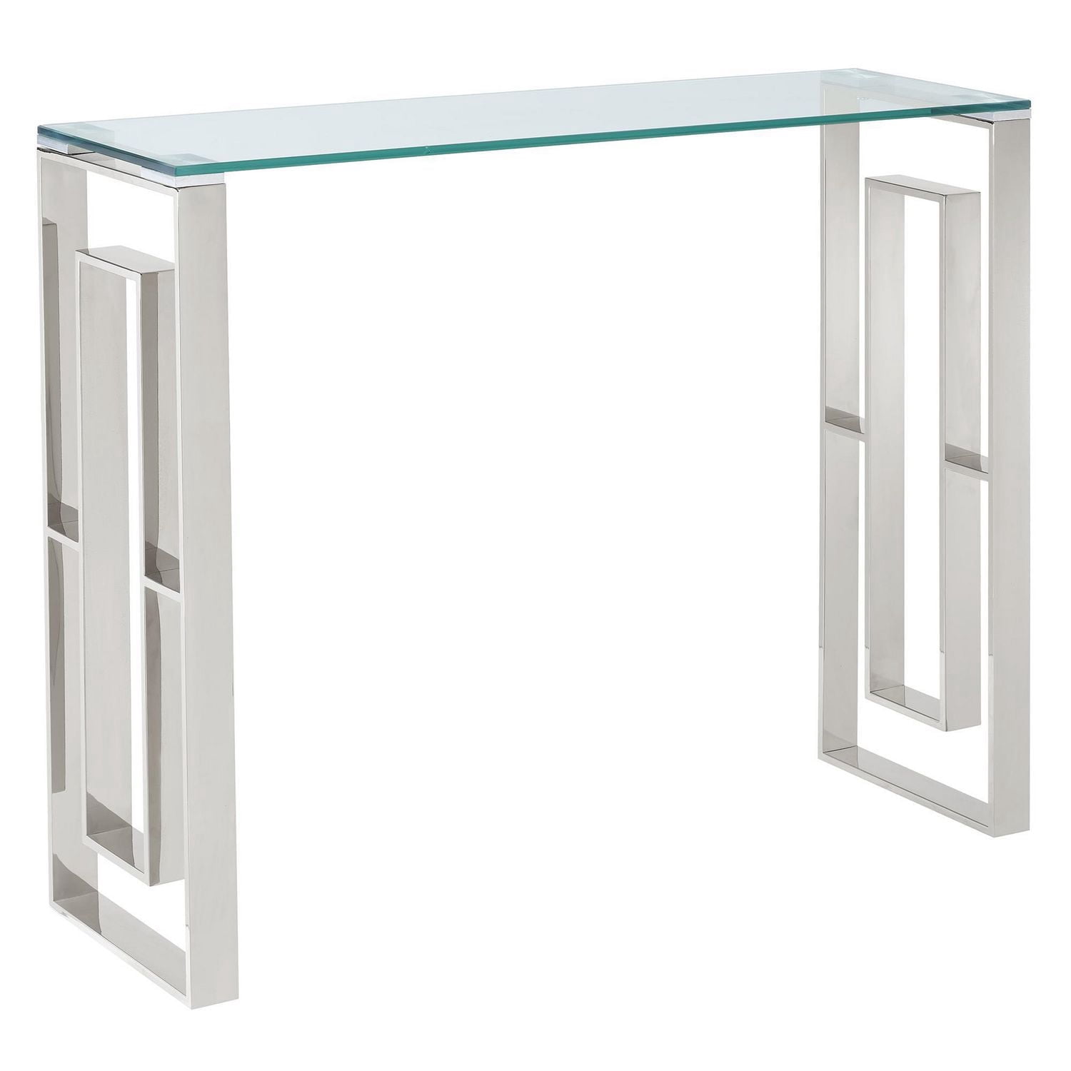 Console/bureau contemporain en acier inoxydable et verre – argent