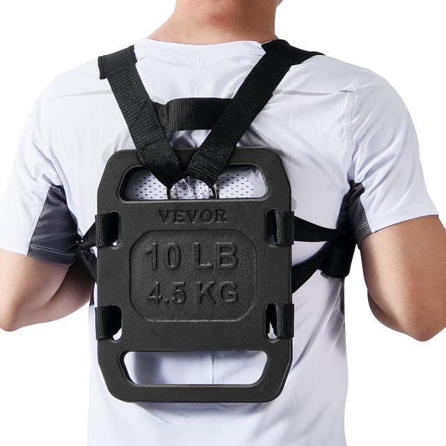 VEVOR Poids en Fonte à Bascule pour Plaque de Poids à Bascule avec Poignée 10 lb Paires. une Plaque à Bascule en Fonte Noire de 10 lb (4,5 kg) Est Montrée avec Sangle à l'Arrière d'Une Personne Portant une Chemise Blanche. l'Assiette Présente une Poignée Élargie, des Bords Arrondis et des Trous Latéraux pour une Fixation Sécurisée. Conçue pour l'Entraînement de Force et les Exercices d'Endurance, Elle Est Résistante à la Rouille et Compacte, s'Insère Facilement dans des Sacs à Dos Ou Utilisée Directement à l'Arrière