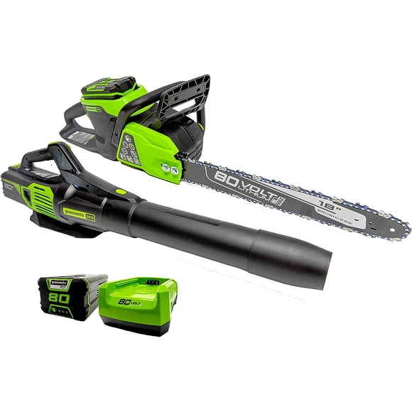 Greenworks PRO 80V Tronçonneuse de 18 Pouces + Souffleur, Batterie 2,0 AH et Chargeur Inclus