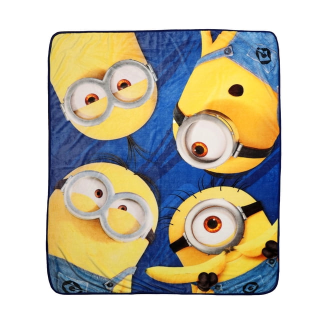 Despicable Me Minions Kids Throw Blanket, 50" x 60", a square kids' bedding throw featuring four yellow Minions with silver goggles and blue overalls on a vibrant blue background, suitable for cozy warmth and snuggling.
