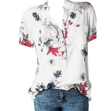 JIRNDf T-Shirt pour Femmes Hauts Tendance Été Grande Taille Imprimé Poche Manche Facile Court Mignon T-Shirts Graphiques pour Femmes Chemises Bleu TTG