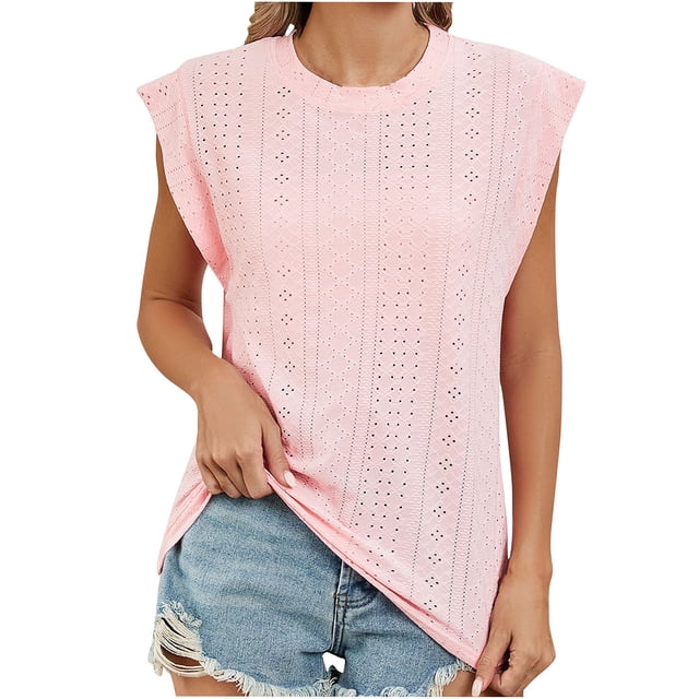 Besolor Débardeurs d'Été pour Femmes Col Rond Sans Manches Chemises à Illets Décontractées Blouse Tendance Couleur Unie