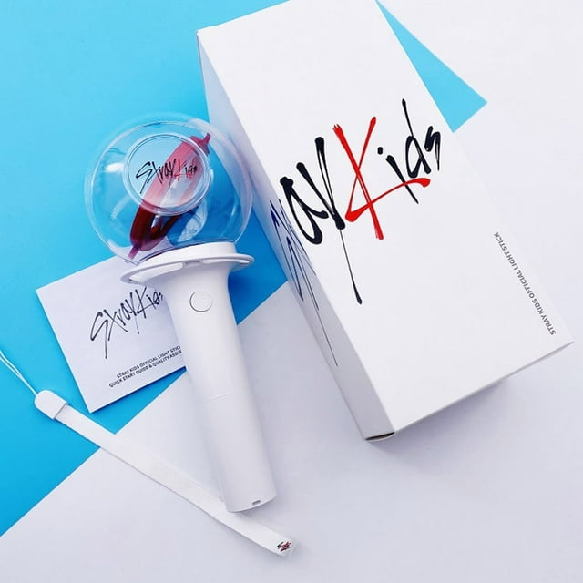 Stray Kids - Official Same Style Glow Stick Fan Light with Tracking Number, a white handheld light stick with a transparent globe top, designed for Kpop fans. Includes a branded lanyard, user manual, and packaging box featuring the Stray Kids logo. Ideal for indoor lighting accessories or fan collectible displays.