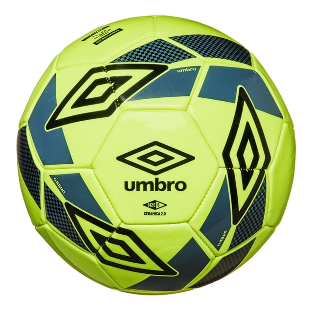Umbro Ceramica Yellow Soccer Ball size 5 with 32-panel machine-stitched construction, bright yellow casing with black and dark blue geometric patterns and Umbro logos, durable casing and rubber bladder for shape retention, suitable for recreational grass play and skill improvement.