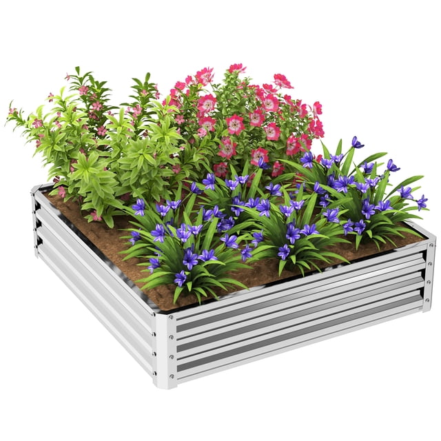 4' x 4' x 1' Raised Garden Bed Galvanized Steel Planter Box Silver