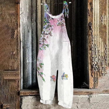 Summer Saving!EQWLJWE Womens Floral Romper Pants 2024,Backless Floral Rompers for Women Summer Outfits,Casual Overalls for Women Baggy Casual Wide Leg Jumpsuits Rompers