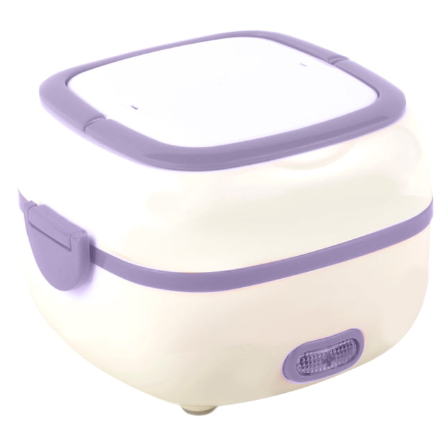 Electric Food Steamer Food Warmer Portable Food Steamer 2-Layer with a compact design featuring a white body and purple accents. Made of food-grade stainless steel, it includes an inner pot, steaming racks, and vents for even steam distribution. This electric food steamer is ideal for cooking rice, steaming dishes, or eggs, with a 1L capacity and 350W power. Suitable for use at work, school, or picnics.