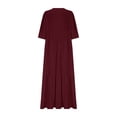 thumbnail image 3 of Pisexur Robes d'Été pour Femmes en Doux Lin-Coton Robes d'Été pour Femmes Décontractées à Col en V Manches 3/4 Robe Maxi Ample Confortable Fluide Robes pour Femmes Couleur Unie à Volants Boho Longues Robes P-2TG Rouge, 3 of 5