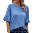 thumbnail image 1 of IROINNID Chemises Réduites Grande Taille pour Femmes Chemises en Coton pour Femmes Quotidien Été Blouse à Manches Trois-Quarts Col Rond Hauts Unis T-Shirt, Bleu, 1 of 6