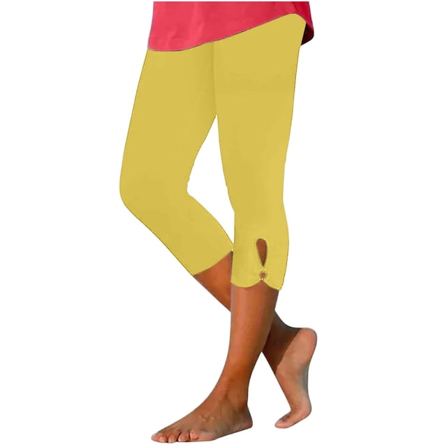 PEZHADA Leggings Capri Taille Haute pour Femmes avec Poches en Jaune, Conçus pour les Vêtements d'Entraînement d'Été. Ces Leggings Raccourcis Offrent un Tissu Extensible, une Coupe Taille Haute et des Poches Latérales pour Plus de Commodité. Détail de Découpe Stylé Près de l'Ourlet Ajoute du Style. Idéal pour le yoga, les Sorties Décontractées Ou les Entraînements.
