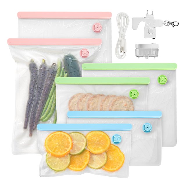 SealVax Sacs de Scellage sous Vide Réutilisables – Lot de 6 Sacs sous Vide et Congélateur avec Scelleuse Portative, Isolateur Liquide, Compatible iOS/Android – Sans BPA, Primé (Comprend 3 Tailles + Câble USB-C)