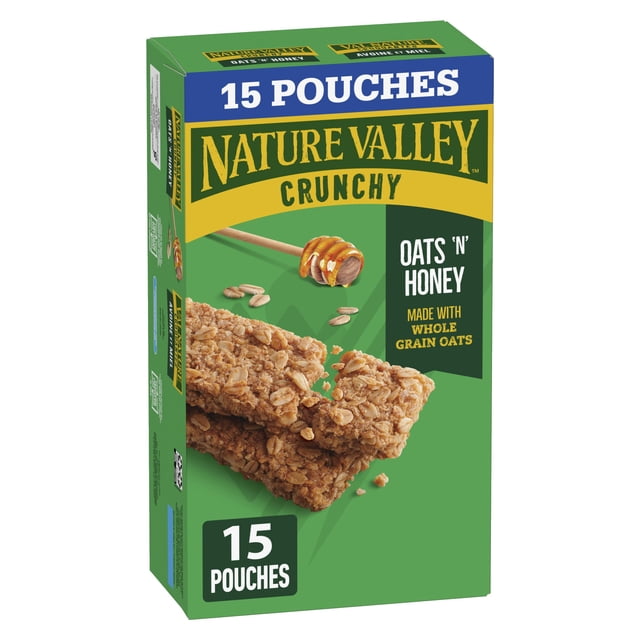 Val Nature Crunchy Barres Granola - Avoine et Miel Boîte de 15 Unités Présentant Deux Barres Granola Crunchy Faites avec de l'Avoine de Grains Entiers et du Miel sur un Fond Vert avec une Trempette au Miel, Mettant en Valeur 15 Sachets, Convenant aux Collations sur le Pouce et à la Randonnée.