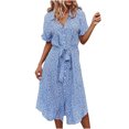thumbnail image 2 of FcBaudy Robe à Manches Courtes à Col Rabattu Longueur Genou, Robes d'Été pour Femmes, Robes pour Femmes Robe d'Été Bohème à Imprimé à Manches Courtes avec Boutons et Bandage Longueur Genou Robe Femme, 2 of 8