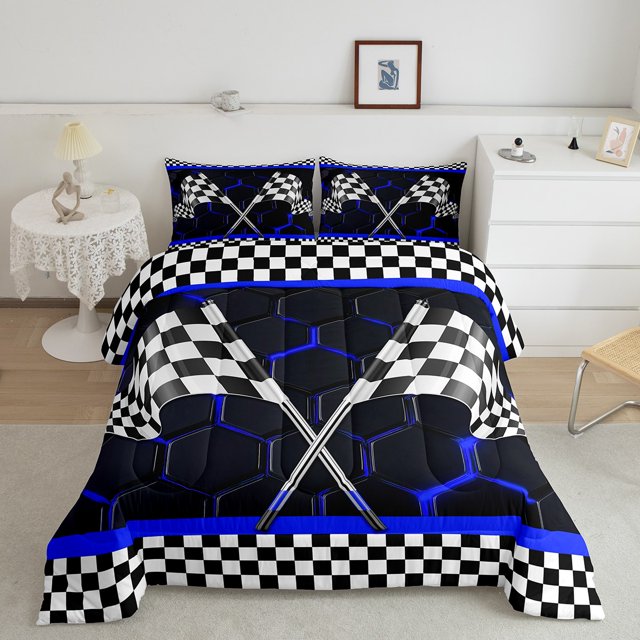 Erosebridal Checkered Flag Bedding Queen Comforter Set, Blue Geometry Down Comforter, Extreme Sports Decor, Lightweight 3pcs