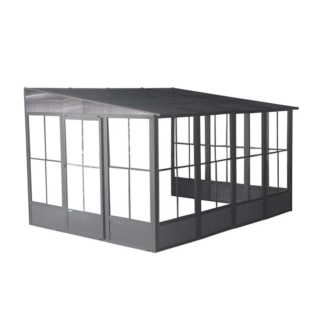Sojag Korado 10 x 13 x 8 Pi solarium Extérieur Gris Foncé avec Cadre en Aluminium Extrudé, Toit en Acier Galvanisé et Fenêtres Coulissantes en PVC Tamisées Offrant une protection Quatre Saisons contre la Pluie, la Neige, les Moustiques et les Rayons UV, Convient pour la Détente et l'Abri dans la Cour Arrière.