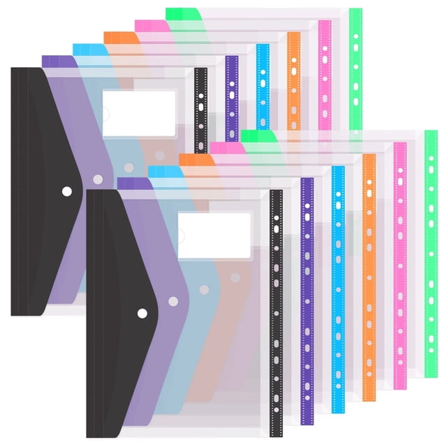 12 Pack Plastic Envelope Document Folders with Label Pocket for Home Work Office Organization, A4 Letter Size, Binder Pocket Folders, Assorted Colors, Clear Poly Envelopes with Snap Button Closure