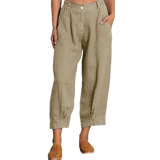 Luxur Pantalon Grand à Taille Mi-Haute en Coton et Lin pour Femme, Kaki, m