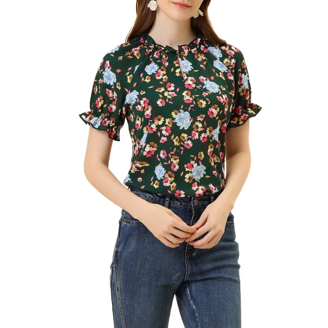 INSPIRE CHIC Blouse pour Femme à Fleurs à Volants Manches Courtes Col à Volants Blouses Décontractées m Vert Foncé