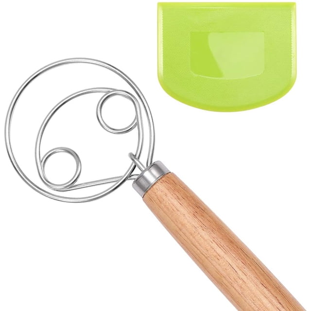 Cribun Danish Dough Whisk, Premium Dough Scraper and Stainless Steel Double Eyes Bread Mixer with Wooden Handle, Bread Making Tools Set for Kitchen Homemade Baking Tools
