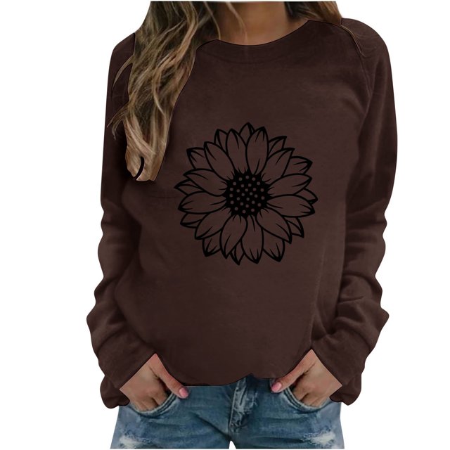 Rbaofujie Chandails pour Femmes Femmes Mode Décontractée Imprimé Col Rond Ample Manches Longues T-shirt Hauts Blouse Brun Chandails à Capuchon pour Femmes