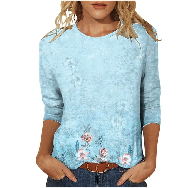 IROINID Économies Polyester T-shirt à Manches Longues pour Femmes, T-shirt Ample Imprimé de Loisirs, Blouse à Col Rond, Hauts, Bleu Pâle