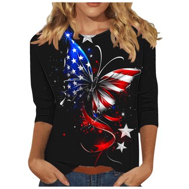 LMKIHUSA Womens American Flag Golf Shirt Red Blue and White Patriotic Print Blouses 3/4 Sleeve Round Neck Tops Casual Fashion Comfy Soft 2025 Tees Multicolor,XXL