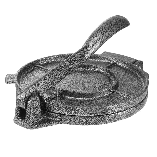 1pc Kitchen Aluminum Alloy Tortilla Press Maker Kitchenware Tortilla Presser. A durable tortilla press made of high-class aluminum alloy with a speckled finish. Features a foldable structure for convenient storage and a simple design for easy use. Ideal for pressing flour dough and making tortillas.