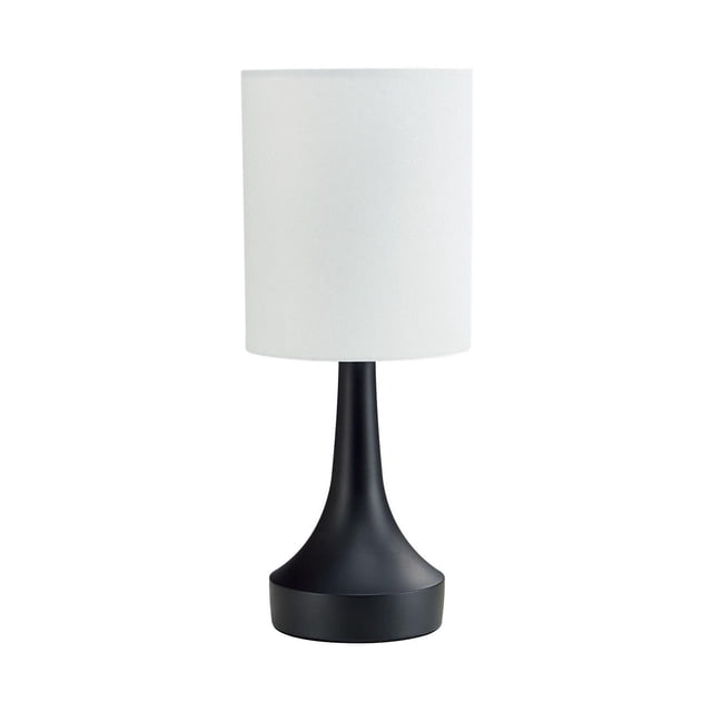 HOMETRENDS Table Lamp with a black metal base and white linen drum shade, 15 inches tall with a 6.25 by 7.5-inch shade, featuring a push-through switch, ideal for bedrooms, offices, or living rooms, and suitable for ambient lighting in rec rooms.