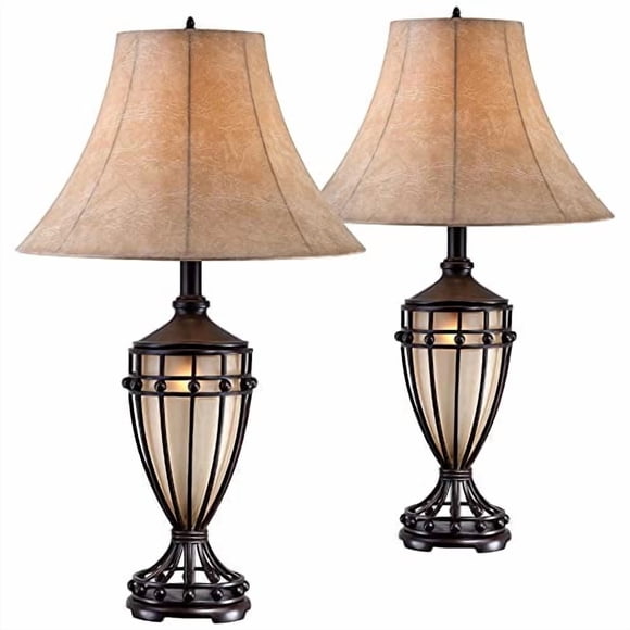 Franklin Iron Works Cardiff Lampes de Table Rustiques Traditionnelles en Forme d'Urne 33 Pouces de Hauteur Ensemble de 2 avec Veilleuse Cage en Fer Brossé Verre Champagne Tissu Beige Abat-Jour Cloche pour Salon Chambre Maison