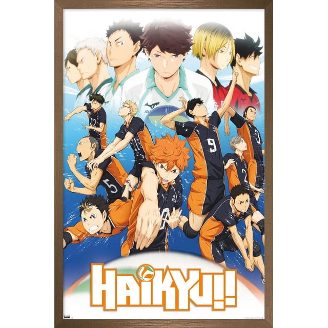 Haikyu!! - Affiche Murale Key Art 2, 22,375 Po x 34 Po Encadrée Représentant des Joueurs de volleyball d'Anime en Uniformes Noirs et orange dans des poses d'Action Dynamiques sur Fond Bleu avec un volleyball et le logo Haikyu!!, Parfaite pour la Déco Maison et l'Art Mural.