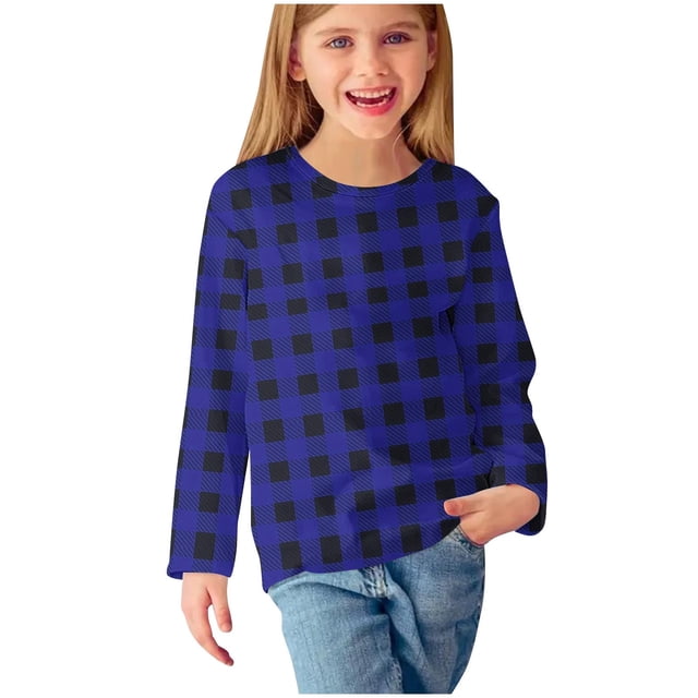 Besolor T-Shirts d'Automne pour Filles Manches Longues Col Rond Tuniques Tendance Imprimé à Carreaux Tenues de Vacances pour Enfants