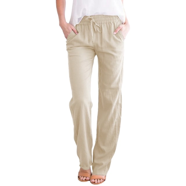 Kcodviy Women Solid Straight Solid Plus Size Dress Pant Suits Elastic Pants Long Drawstring Dress Pants for Women Plus Size Linen Women Waist Cotton Business Casual Plus Size Women Casual Pants