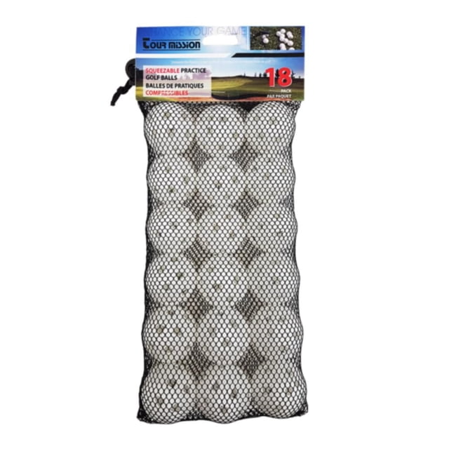 Tour Mission squeezable practice balls with holes, 18-pack in white, packaged in a black mesh bag with a golf course label, designed as golf training aids for indoor and outdoor use to simulate real ball flight and improve swing accuracy at home.