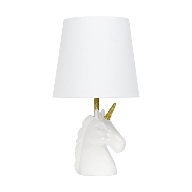 Simple Designs Lampe de Table Unicorn Étincelante Or et Blanc avec une base Unicorn en Résine Blanche Accentuée d'Un Klaxon et d'Un Cou à Paillettes Dorées, Surmontée d'Un Abat-Jour en Tissu Effilé Blanc et Dotée d'Un Interrupteur Rotatif accessible sur le Cordon, Convient aux Chambres, aux Garderies et aux Résidences Universitaires.