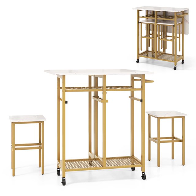 Costway Ensemble de Table à Manger Roulante 3 Pcs Table de Cuisine Extensible 2 Tabourets avec Porte-Bouteilles Blanc