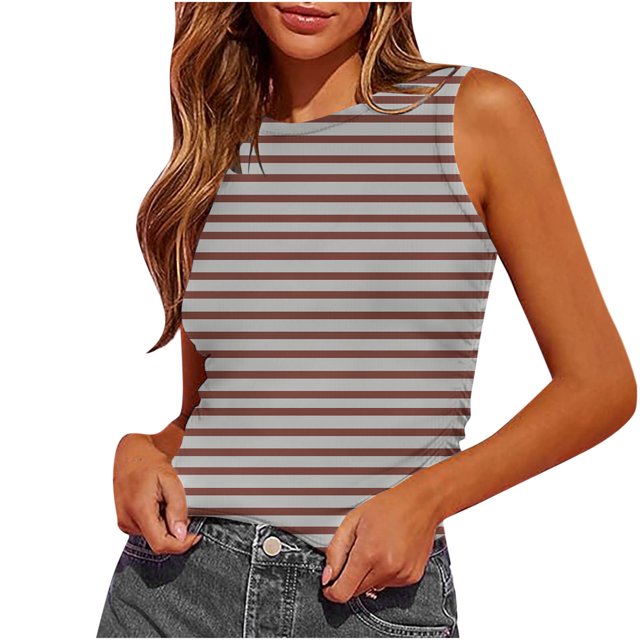 Plebaso Womens Slim Striped Tank Tops Sleeveless Crewneck Ruched Blouses Summer Casual Basic Tee Tops