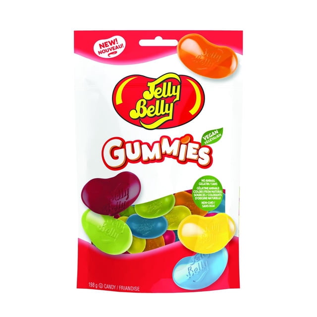 JB ASST GUMMIES Jelly Belly resealable bag of assorted colorful vegan gummy candies shaped like beans in red, orange, yellow, green, blue, and purple, embossed with Jelly Belly logo, made without animal gelatin and natural colors, ideal as a chewy candy snack.