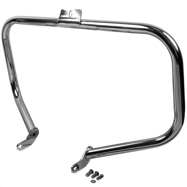 Krator Engine Guard Highway Crash Bar compatible with Harley Davidson Fat Boy FLSTF 2000-2017. A front-positioned, high-quality chrome engine guard constructed from 1.25-inch heavy-duty steel tubing. Designed for added protection and a rugged look, it accepts engine guard mount footpegs. Includes mounting hardware, shown against a white background.
