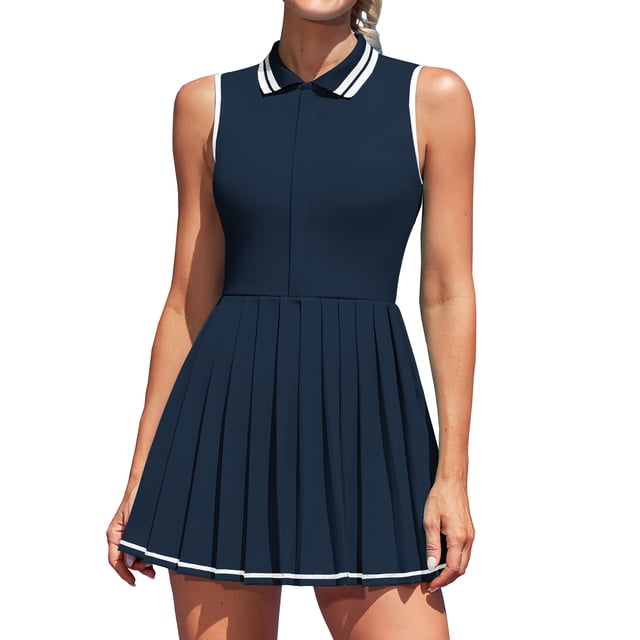 Charmo Robe de Tennis à Fermeture Éclair pour Femmes, Robe Polo d'Entraînement de Golf, Robe Plissée avec Shorts et Poches