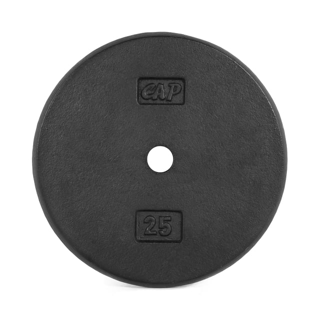CAP Barbell 1-Inch Cast Iron Weight Plate, Black, Single, 25 lb, front-facing view showing embossed CAP logo and 25 lb marking, machined 1-inch center hole, and durable baked enamel finish, suitable for strength training with standard 1-inch bars.