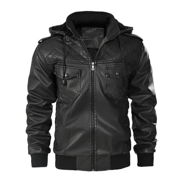 Pisexur Veste en Similicuir Homme Homme Fermeture Éclair Poche à Capuche Amovible Cuir Artificiel Ajouter Velours Vêtement en Cuir Manteau Ample Veste de Moto