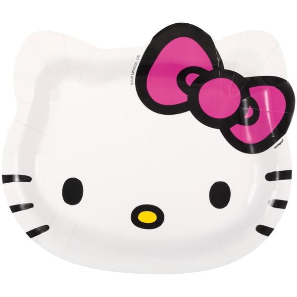 Hello Kitty & Friends Shaped Plates, 8ct, disposable 9-inch paper plates shaped like Hello Kitty's face with white base, black eyes and whiskers, yellow nose, and pink bow outlined in black, suitable for serving desserts and finger foods at themed parties.