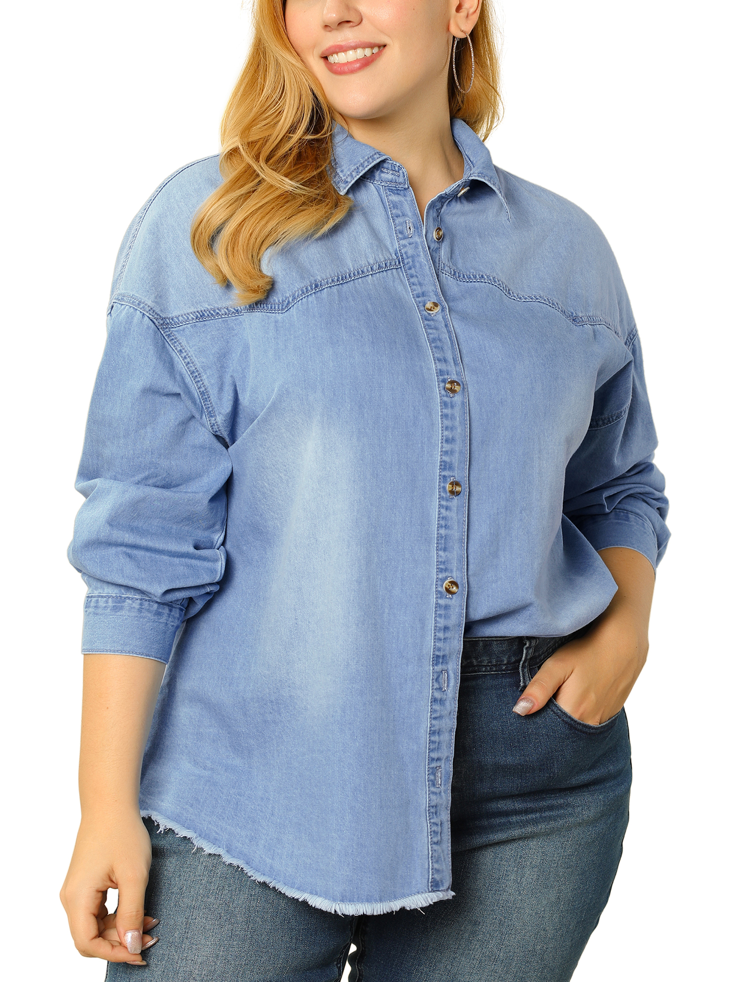 Agnes Orinda Women's Plus Size Button Down Long Sleeve Denim Shirts 3X Light Blue