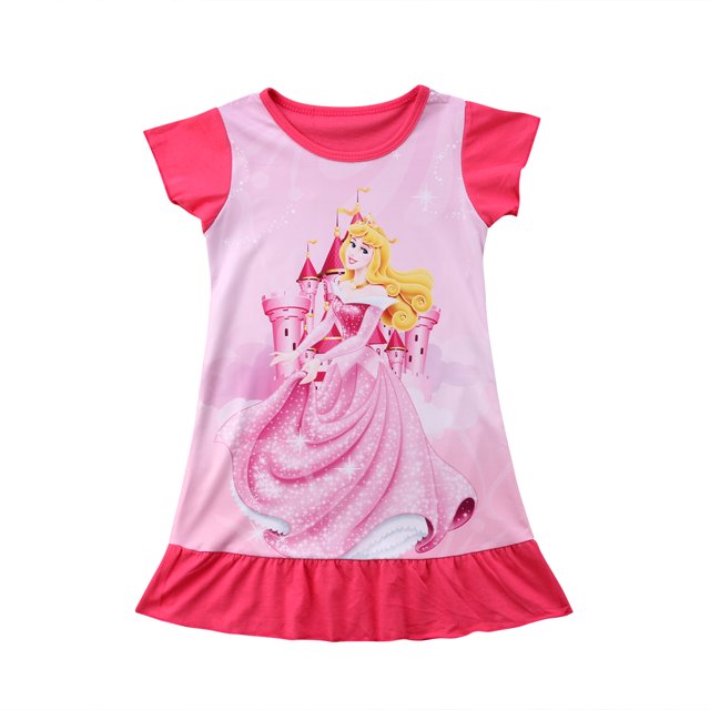 Robe d'Été pour Tout-Petits Enfants Bébés Filles Raiponce Belle Aurora, Robe de Princesse de Fête Décontractée avec Imprimé de Dessin Animé Rose Présentant un Motif de Princesse et de Château. la Robe Comprend des Manches Courtes, un Ourlet Volanté et des accents Roses Vibrants. Idéale pour les Tout-Petites Filles de 2t à 5t.