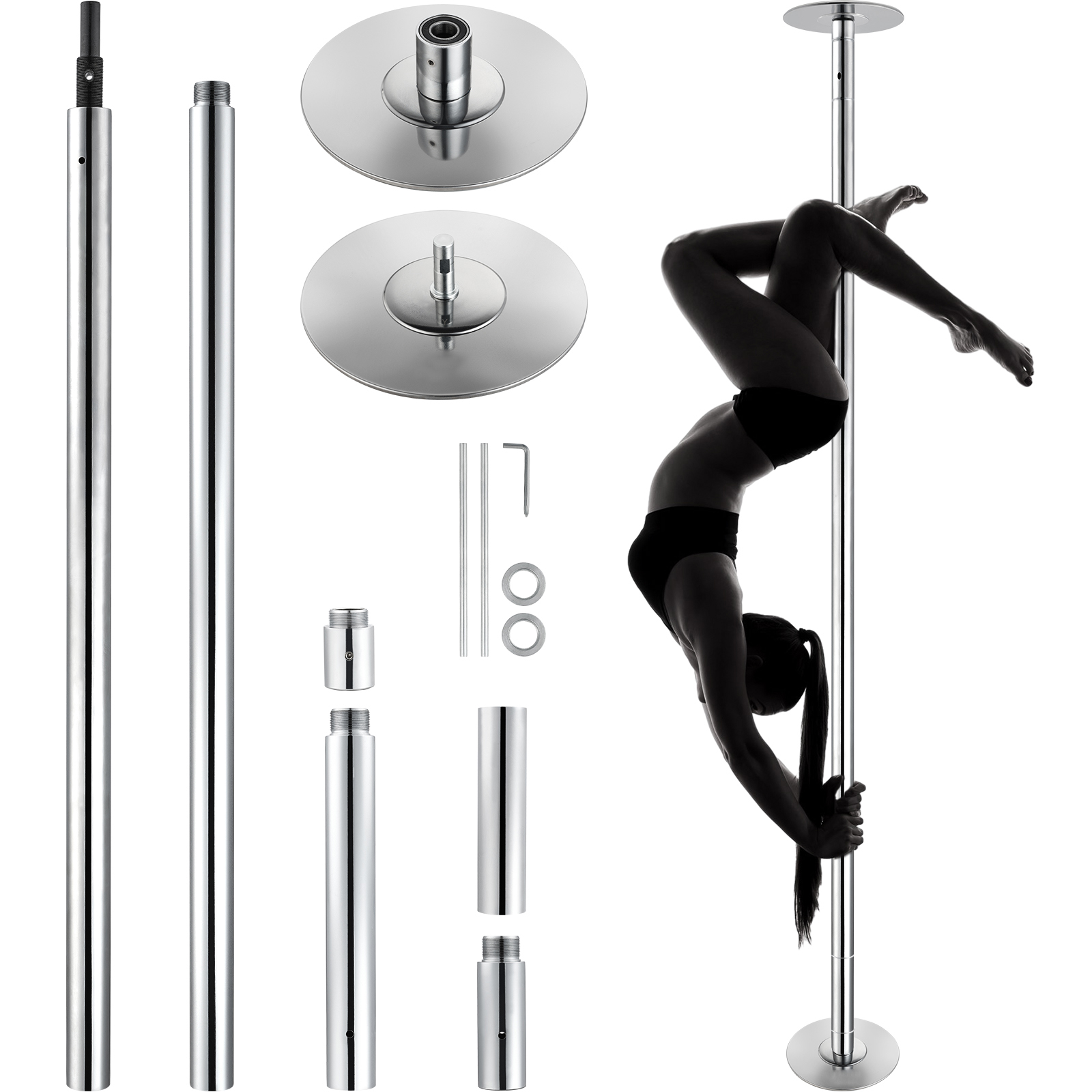 KFFKFF Expert Dance Pole, Rotating and Stationary Dance Pole Set, Detachable Portable Pole, 45mm Robust Stainless Steel Pole, Fitness Pole with Adjustable Height, Silver