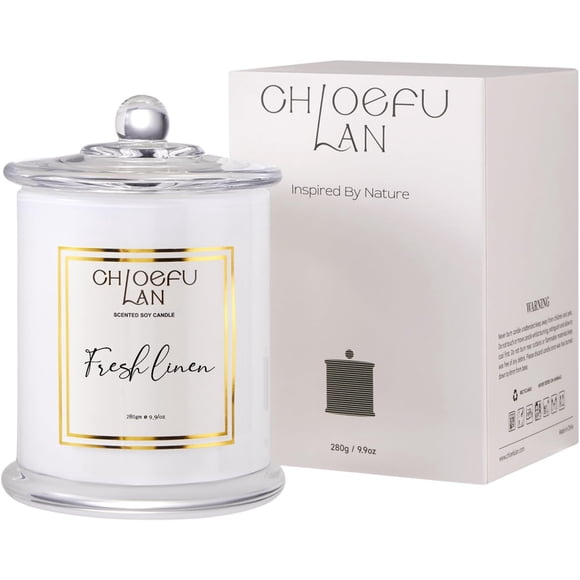Chloefu LAN White Linen Candles, Luxury Scented Soy Jar Bathroom Candle, Highly Fragranced, Odor Eliminating Candles for Home, Air Freshing Soy Candle, White Glass Jar, Essential Oils, 75 Hours 280G