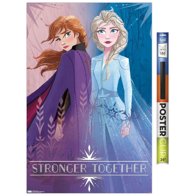 Disney Frozen 2 - Sisters Wall Poster, 22.375" x 34" framed, depicting two female characters standing back to back. One wears a purple cloak with leaf patterns and auburn hair, the other a light blue dress with snowflake designs and a braid. The background features purple and blue tones with the phrase "Stronger Together" at the bottom. Includes a 24-inch black poster clip, ideal for bedroom or dorm wall decor.