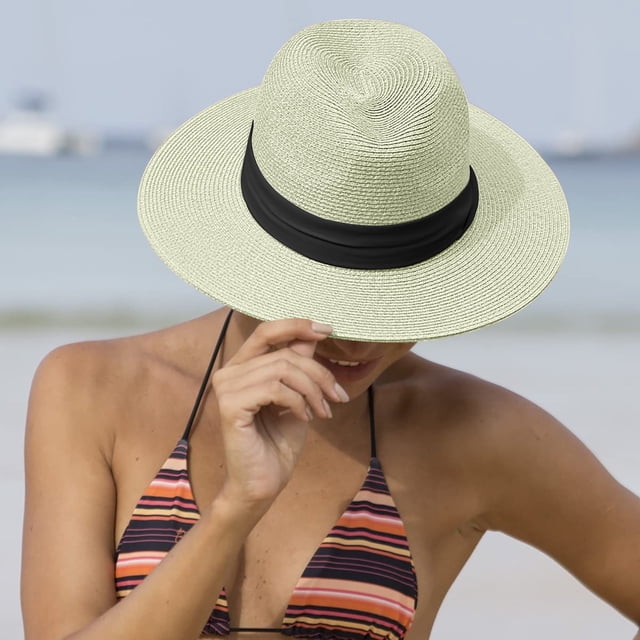 Meitianfacai Women's Sun Hat, Wide Rimmed Sun Protection Straw Hat Summer UV Protection Beach Cap with Ribbon