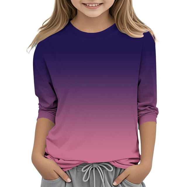 2025 Filles T-Shirts Décontractés Manches 3/4 Col Rond Tops d'Été T-Shirts Unis Blouses d'Automne Pulls Tops Violet
