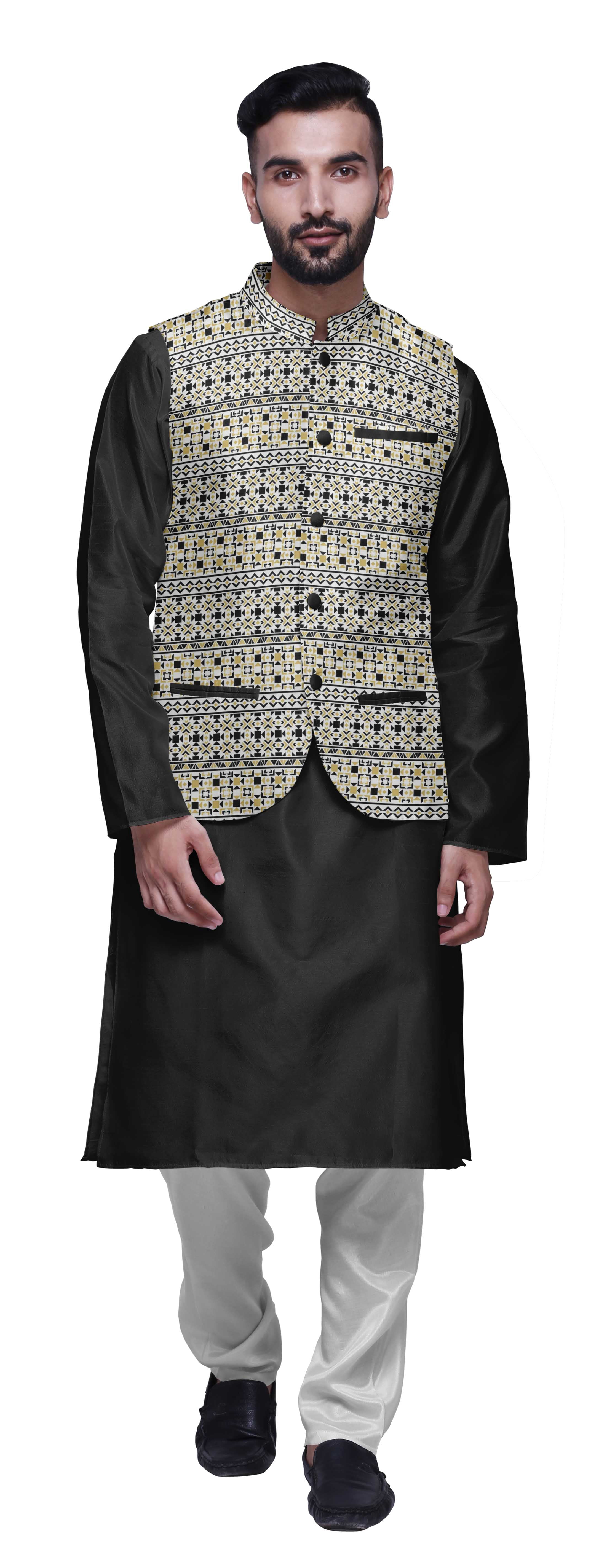 Atasi Ensemble de Pyjama Kurta Churidar Ethnique avec Veste Nehru Imprimée pour Hommes
